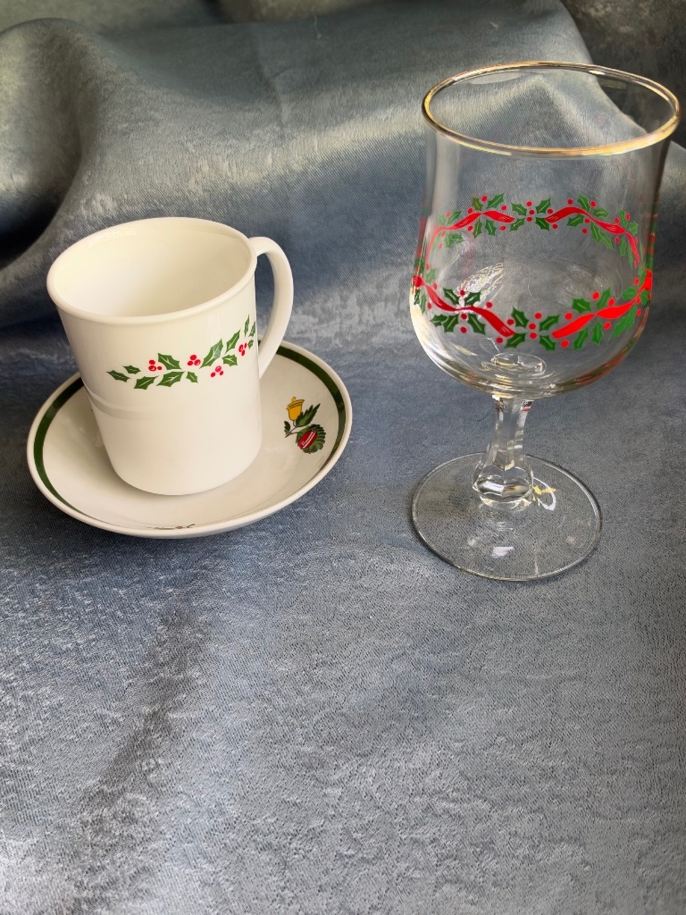 Vintage Holiday Mug, Saucer, and Glass